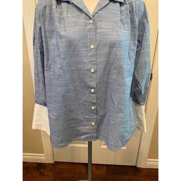 FRAME Blue Boxy Pleated Contrast Cuff Button Up Shirt, Size M - Picture 4 of 9